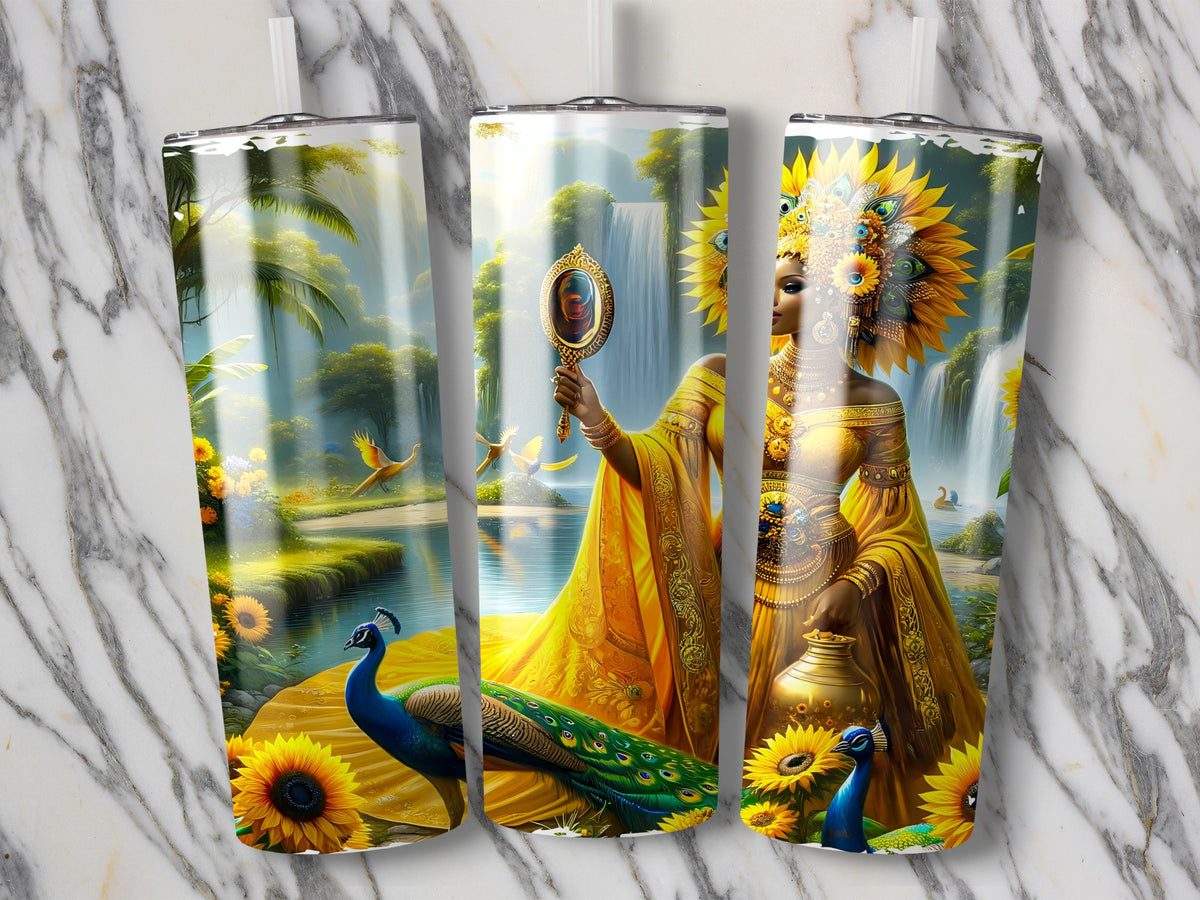 Three tumblers featuring a woman in a yellow dress with peacocks and sunflowers.
