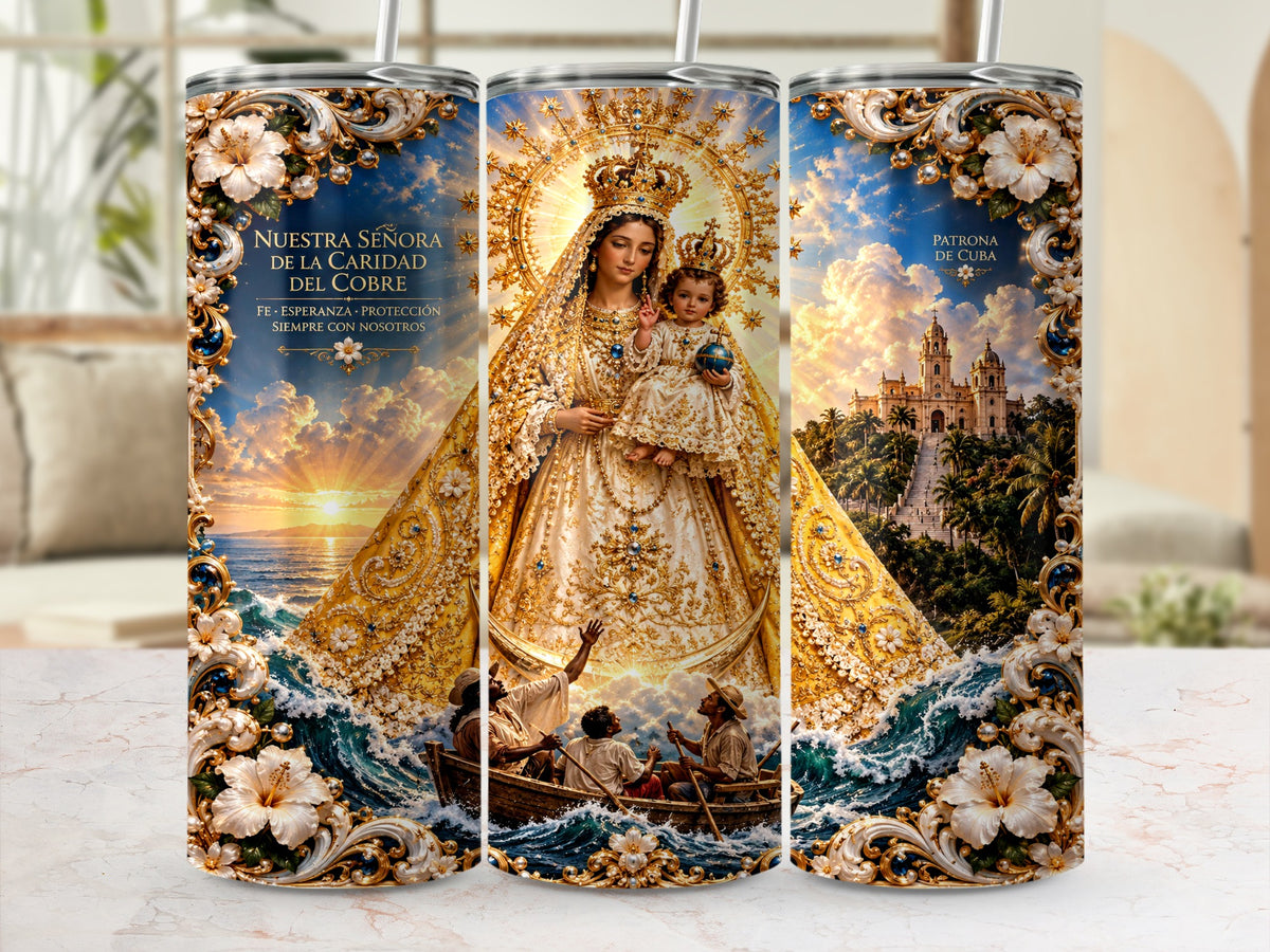 Our Lady of Charity of El Cobre with infant Jesus over stormy seas.