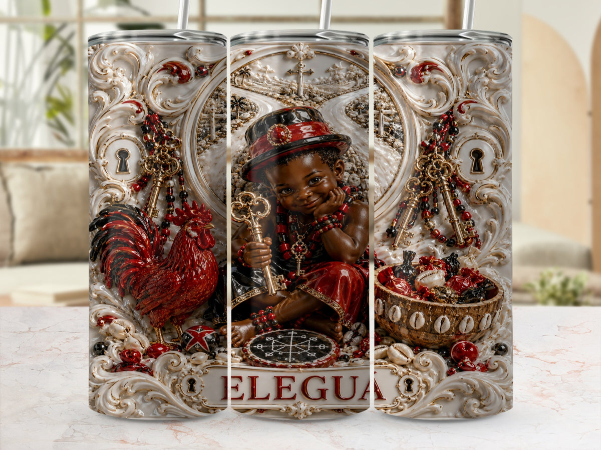 Tumbler design with a child holding a key, rooster, and bowl of offerings labeled Eleggua.