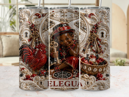 Tumbler design with a child holding a key, rooster, and bowl of offerings labeled Eleggua.
