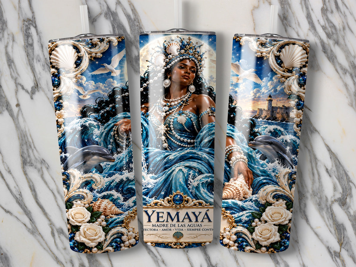 Yemayá Madre de las Aguas design with a woman, dolphins, seashells, pearls, and roses.