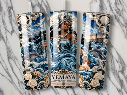 Yemayá Madre de las Aguas design with a woman, dolphins, seashells, pearls, and roses.
