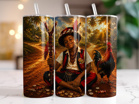 Tumbler design featuring a smiling child, staff, keys, and rooster in a sunset jungle scene.