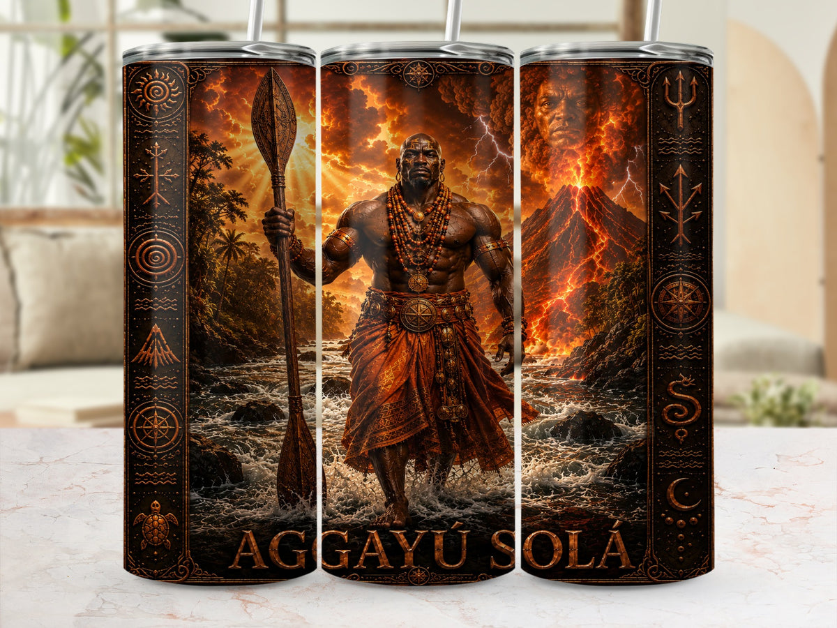 Tupinamba warrior with spear, erupting volcano, and text AGGAYÚ SOLÁ.