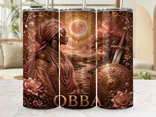 Obba warrior queen with sword and shield on ornate floral background.