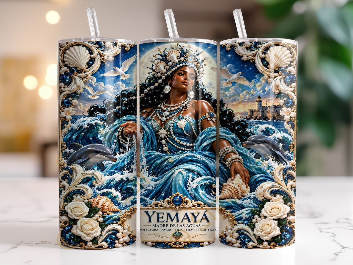 Tumbler with Yemaya artwork, featuring dolphins, pearls, and seashells.