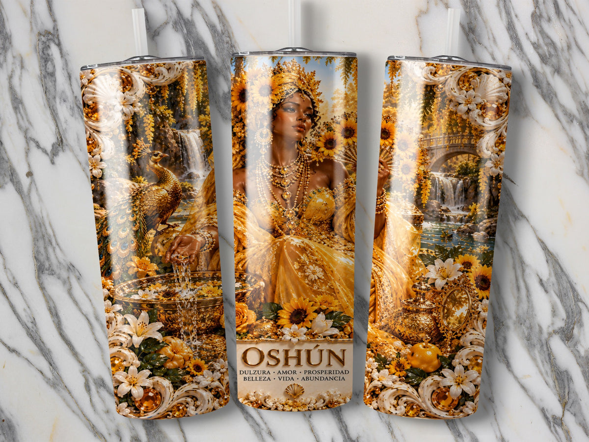 Oshún goddess with sunflowers, peacock, and waterfalls. Text: Dulzura Amor Prosperidad Belleza Vida Abundancia.