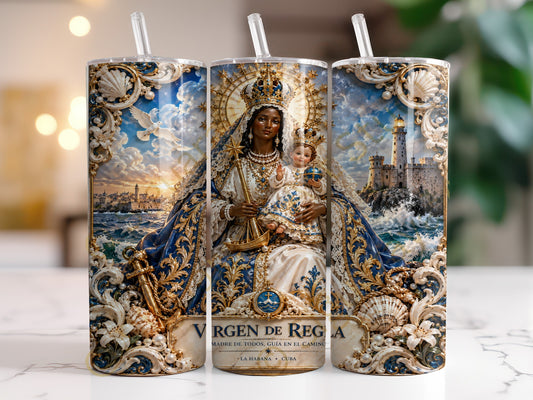 Tumbler featuring Virgin of Regla with Jesus, a lighthouse, and inscribed text.