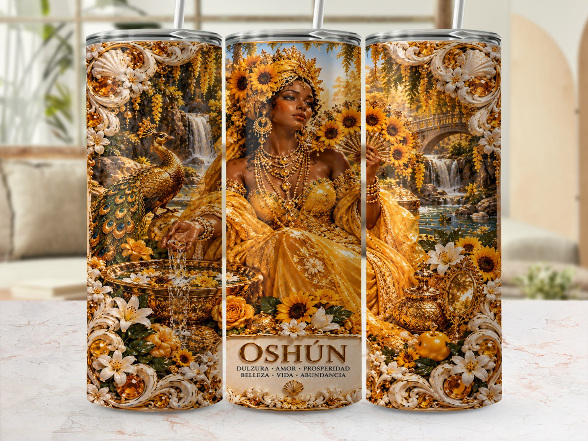 Oshun surrounded by sunflowers, a peacock, and ornate gold details.