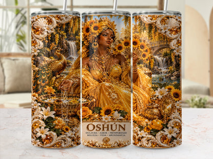 Oshun surrounded by sunflowers, a peacock, and ornate gold details.