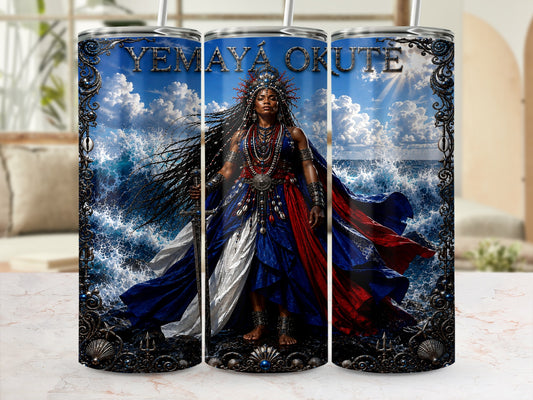 Yemaya Okute goddess in red, white, and blue robes on a stormy sea.
