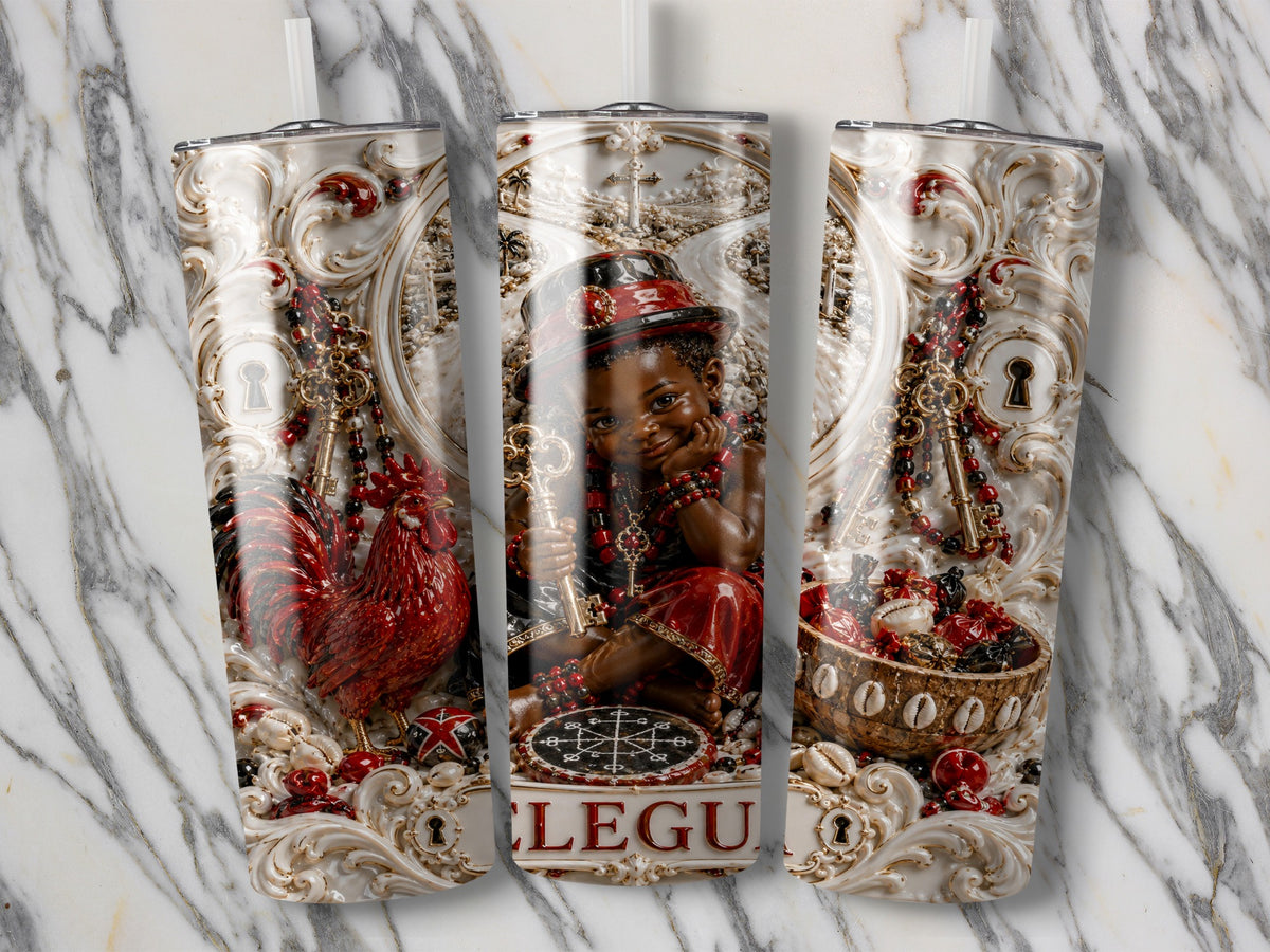 Three tumblers with ornate designs featuring a child, a rooster, keys, and the text "ELEGGUA".