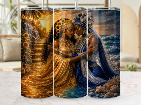 Two women in ornate golden and blue outfits embrace, one with sunflowers, the other with a seashell crown.