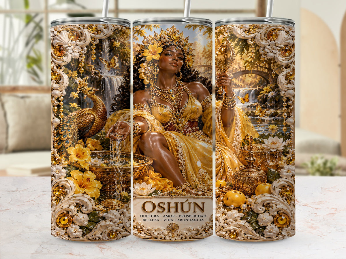 Oshun goddess with peacock, gold, water, and ornate details.