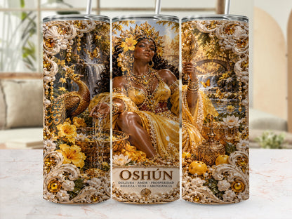 Oshun goddess with peacock, gold, water, and ornate details.