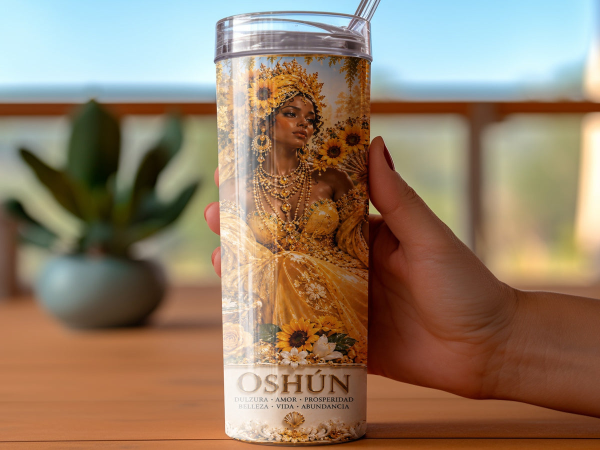 Oshún tumbler with woman and sunflowers, text reads Oshun, Dulzura, Amor, Prosperidad, Belleza, Vida, Abundancia.