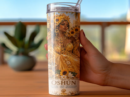Oshún tumbler with woman and sunflowers, text reads Oshun, Dulzura, Amor, Prosperidad, Belleza, Vida, Abundancia.