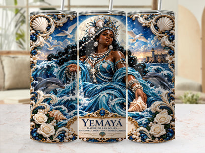 Yemaya, mother of waters, with dolphins, birds, lighthouse, and text in Spanish.