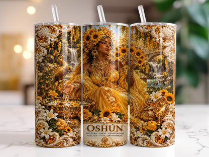 Oshún surrounded by ornate gold details, sunflowers, and a peacock.