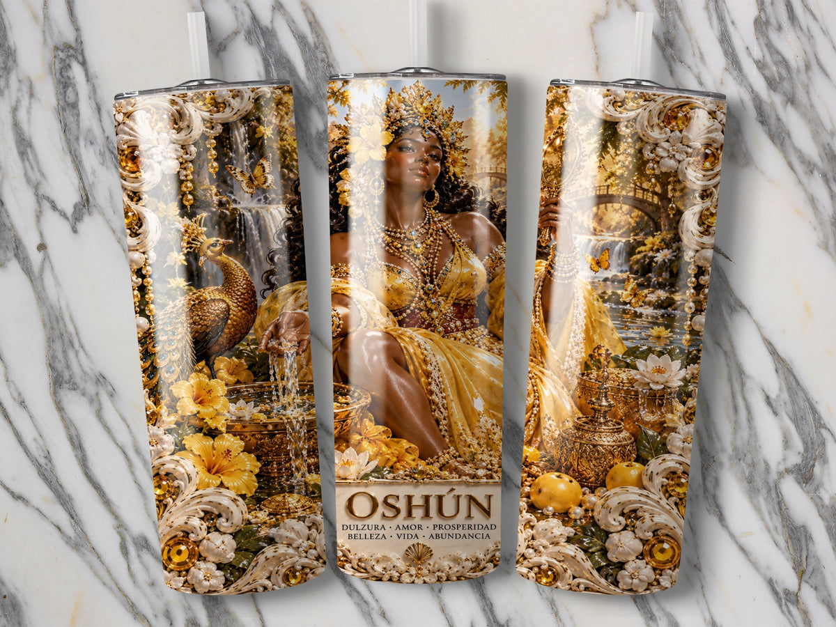 Three tumblers with gold artwork of Oshún, a peacock, and waterfall.