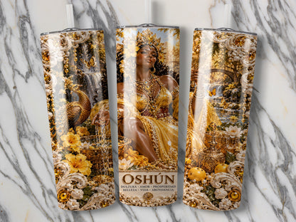 Three tumblers with gold artwork of Oshún, a peacock, and waterfall.