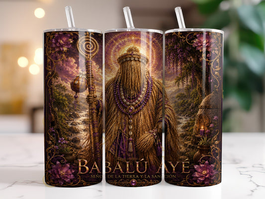 Tumbler with "Babalu Aye" text and a figure in a grassy robe holding a staff.