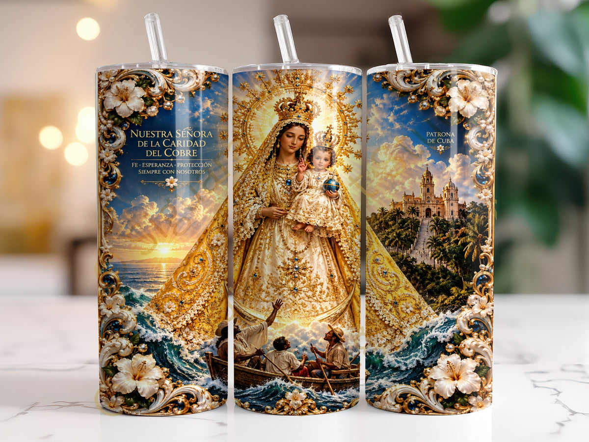 Tumbler with image of Nuestra Señora de la Caridad del Cobre and text.