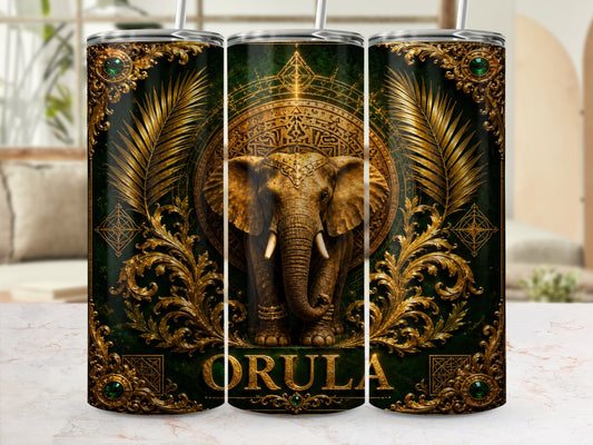 Ornate tumbler with golden elephant design and "ORULA" text on dark green.