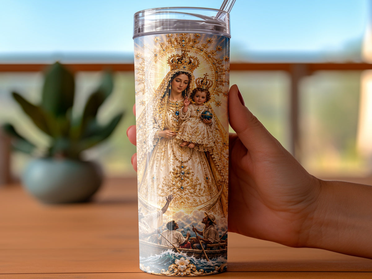 Tumbler featuring Virgin Mary holding baby Jesus, with a boat scene below.