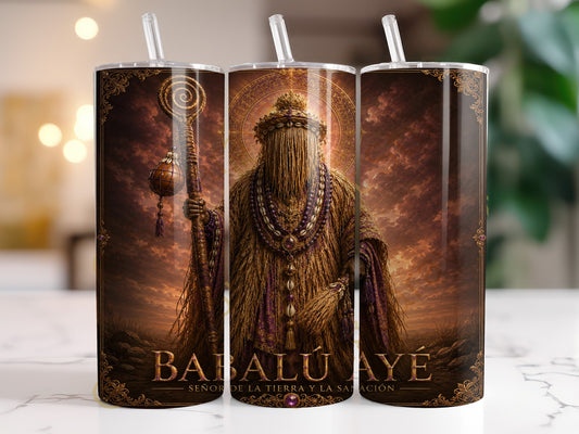 Tumbler with Babalú Ayé artwork and text "SEÑOR DE LA TIERRA Y LA SANACIÓN".