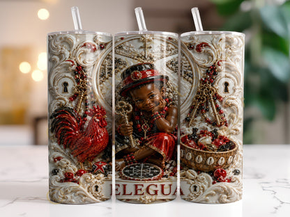 Tumblers with a detailed design featuring a child, rooster, keys, and the word "ELEGUA."