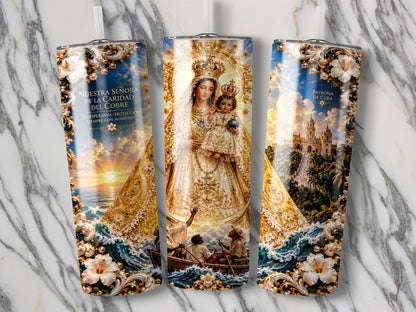 Tumbler featuring Nuestra Señora de la Caridad del Cobre, a boat at sea.