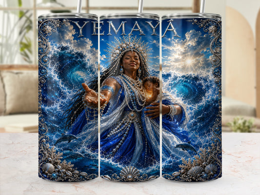 Yemaya with baby, dolphins, and waves on a blue and silver ornate tumbler.