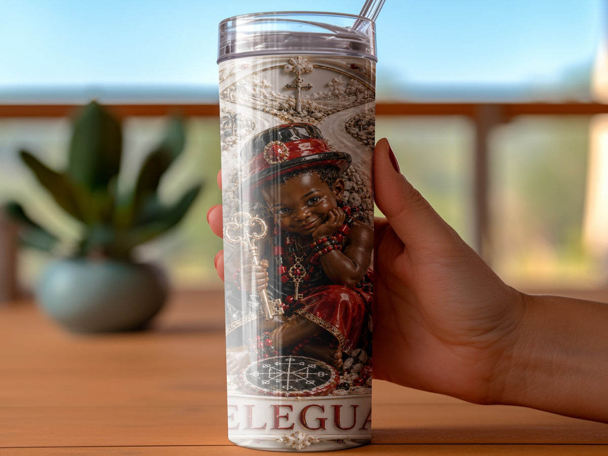 Tumbler with Eleggua design, featuring a child figure holding a key.