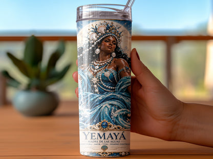 Tumbler featuring Yemayá, Madre de las Aguas, with ocean wave and moon imagery.
