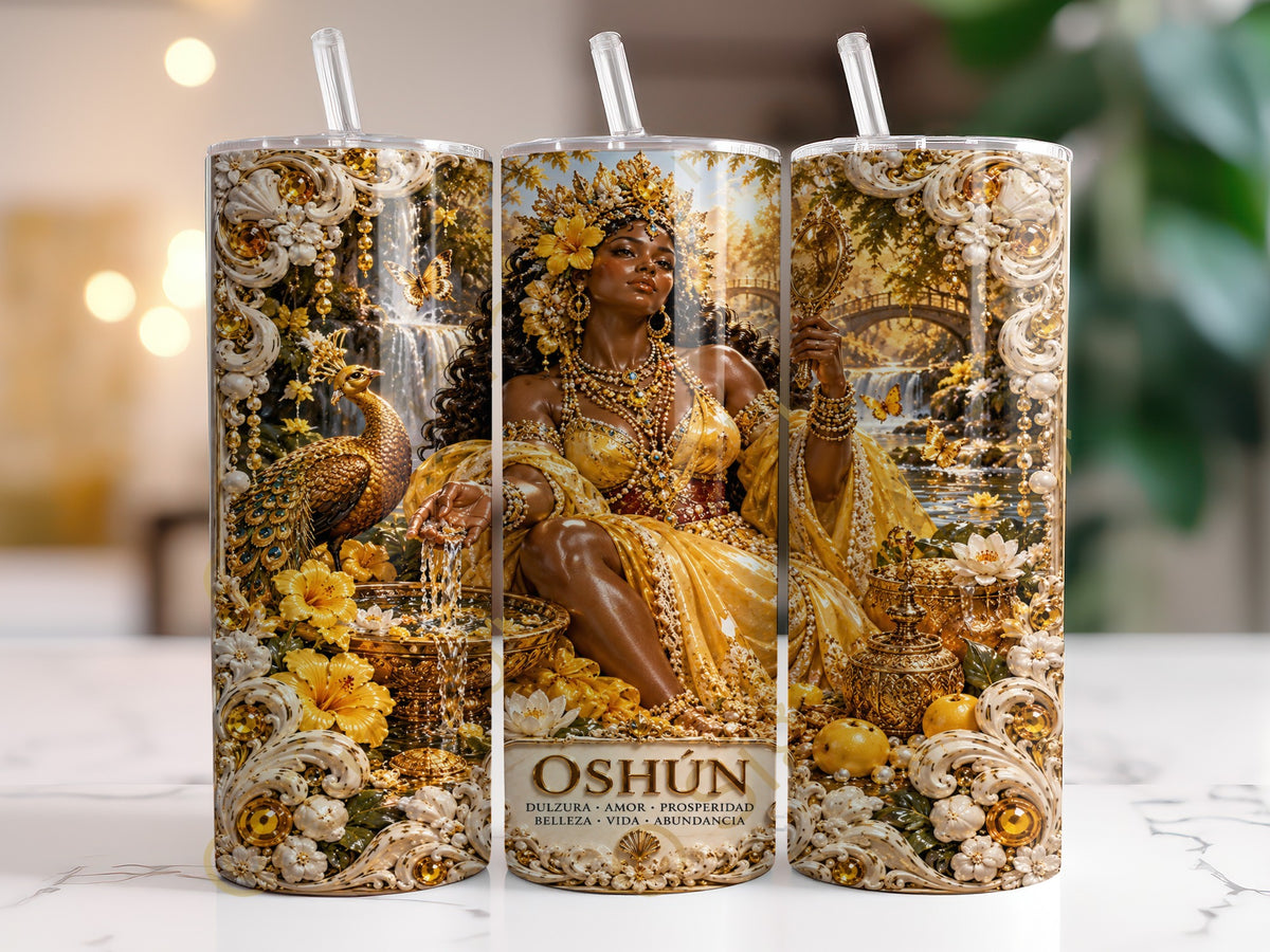 Tumbler with Oshun design, featuring ornate gold details, peacock, and waterfall.