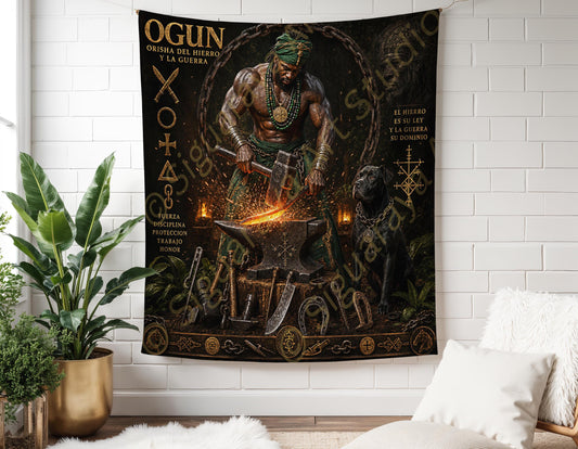Ogun Panel de Trono, Wall Tapestry Orisha Art, Afro-Caribbean Spiritual Decor, Lucumi Santeria Sacred Art