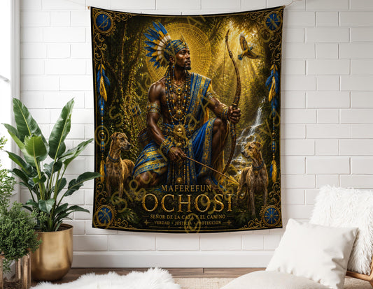 Ochosi Wall Tapestry Orisha Art, Ochosi Panel de Trono, Santeria Sacred Art, Yoruba Spiritual Home Decor